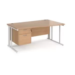 image of Office Desk Right Hand Wave Desk 1600mm With Pedestal Beech Top With White Frame Maestro 25 MCM16WRP2WHB