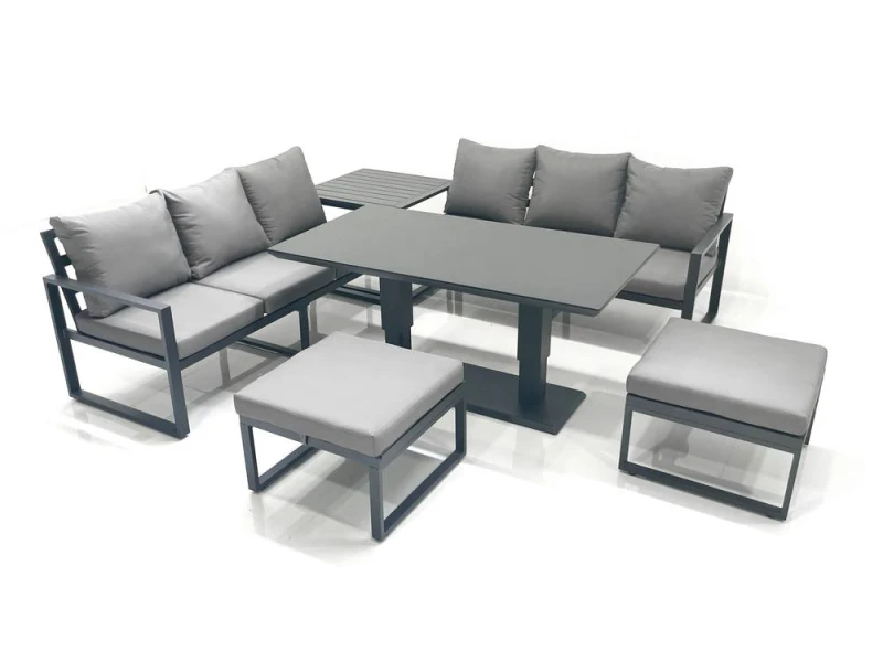 Image of Fimous 8 Seater Aluminium Outdoor Garden Furniture Set with Adjustable Rising Lifting Dining Table 3 Seater Sofa 2 Big Footstool Side Table Dark Grey