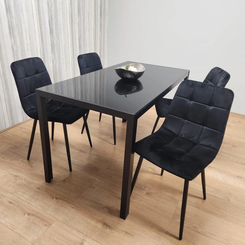 Image of KOSY KOALA Black Kitchen Dining Table And 4 Black Tufted Velvet Chairs Set Of 4 Dining Room Furniture Multi