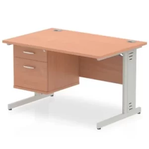 image of Impulse 1200 Rectangle Silver Cable Managed Leg Desk Beech 1 x 2 Drawer Fixed Ped