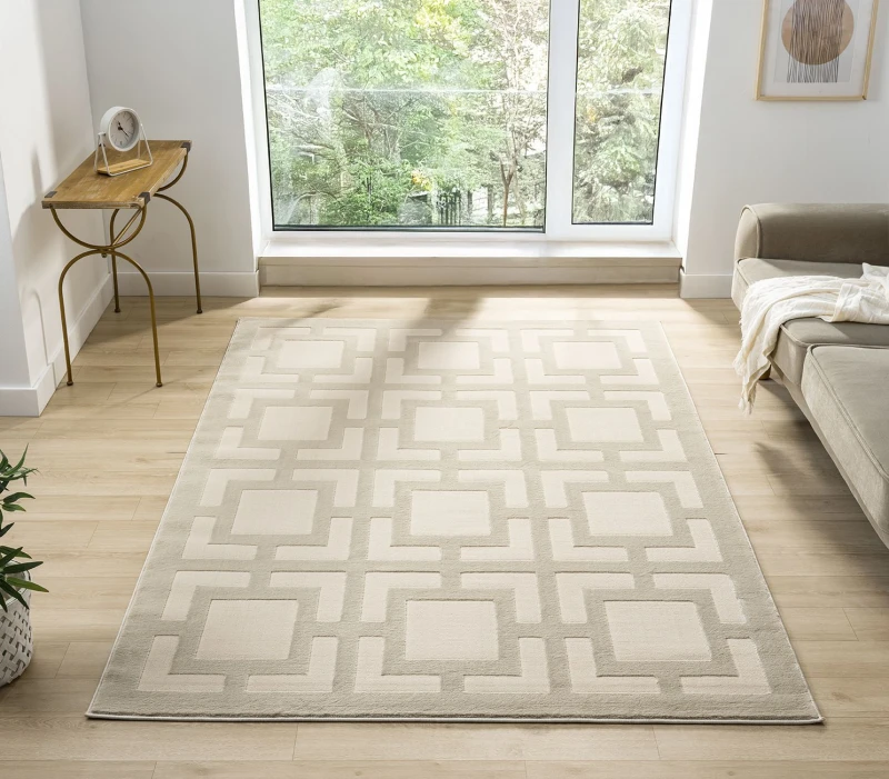 Image of Vellure Modern Indoor Living Room Area Rug Embossed Metallic Sheen Maze Design Cream 200X290 Cm