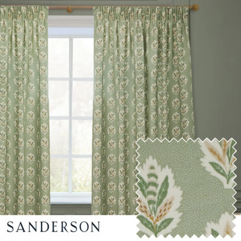 Image of Sanderson Sanderson Sessile Leaf Printed Room Darkening Pencil Pleat Curtains in Light Green Size: 117cm width x 137cm drop Light Green 117cm width