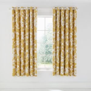 image of Helena Springfield Mustard Cotton Half Panama 'Bouvardia' Lined Curtains - Lined Curtains