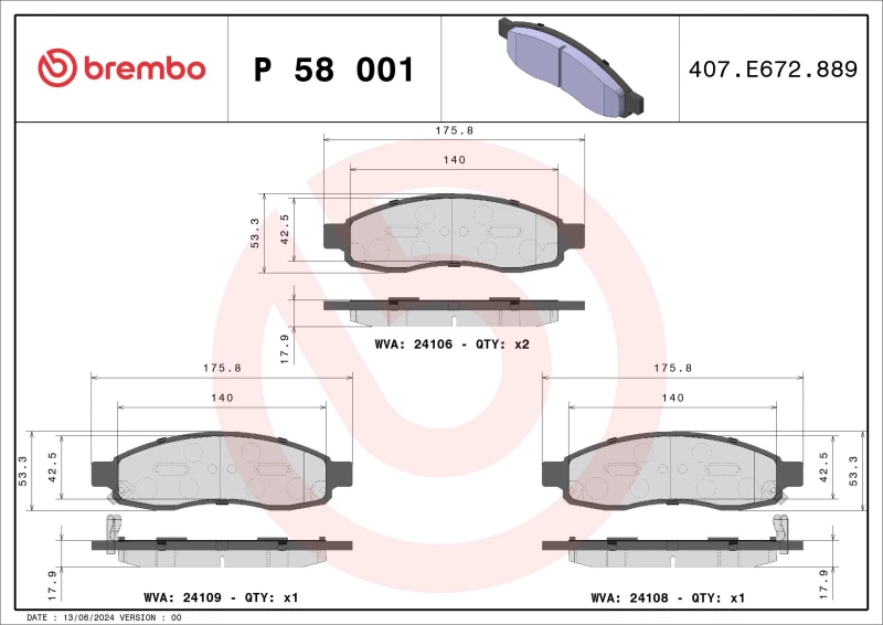 Image of BREMBO Brake pad set BREMBO P 58 001