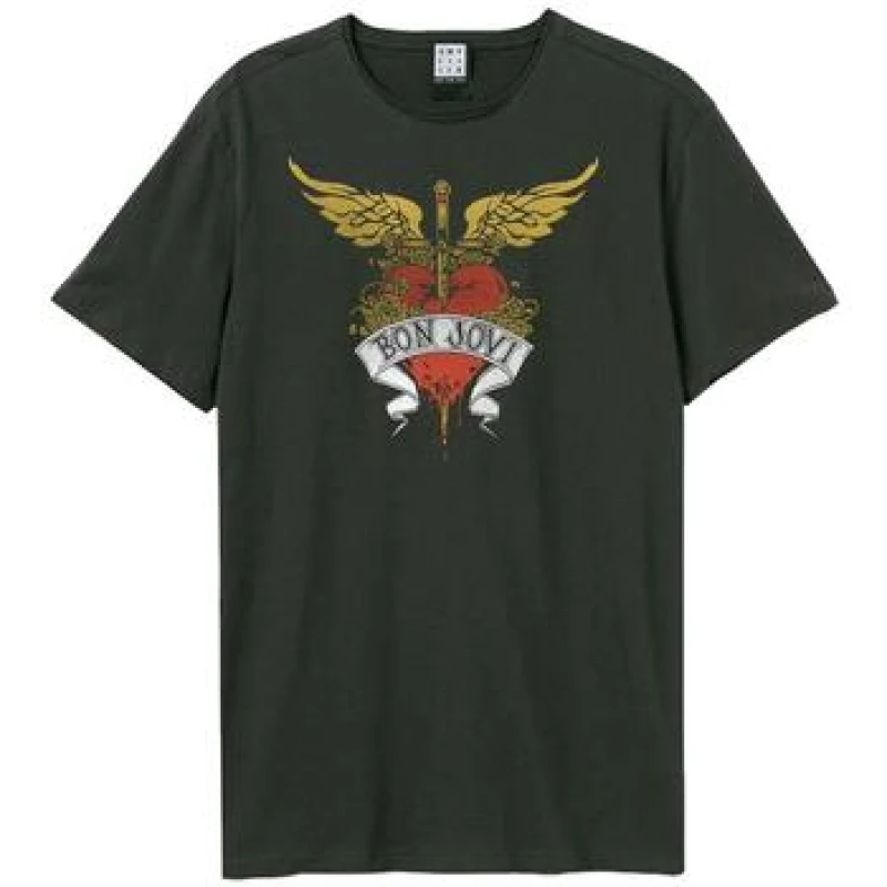 Image of Amplified Amplified Men Heart And Dagger Bon Jovi T-Shirt in Charcoal Size: X-Small Charcoal XS Male 5063852073047