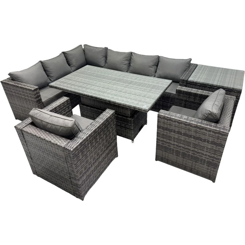 Image of Fimous 8-seater Rattan Garden Furniture Dining Set with Side Table in Dark Grey Dark Grey Unisex