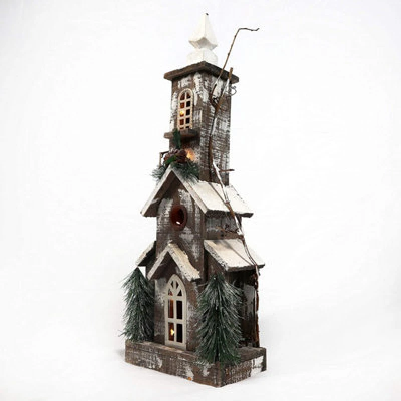 Image of Shatchi Christmas Decoation Battery Operated Wooden House Tabletop Decorated with Berries, Pines and Small Warm White Bulbs Brown