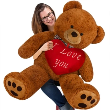 Image of Plush Teddy Bear Valentine's Day Gift with Red I love You Text Heart Pillow Adorable Big Cuddly Soft Toy XXL - Brown