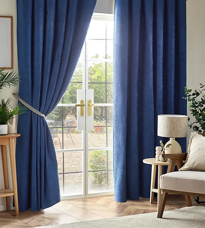 Image of Chenille Triple Woven Ready Made Blackout Curtains Blue