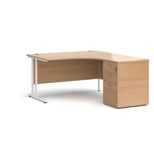 image of Maestro 25 Right Hand Ergonomic Office Desk 1400mm with White Cantilever Frame and Office Desk High Pedestal - Beech