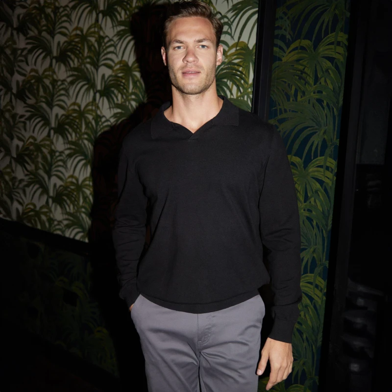 Image of Threadbare 'Sandown' Trophy Neck Knitted Long Sleeve Polo Jumper Black