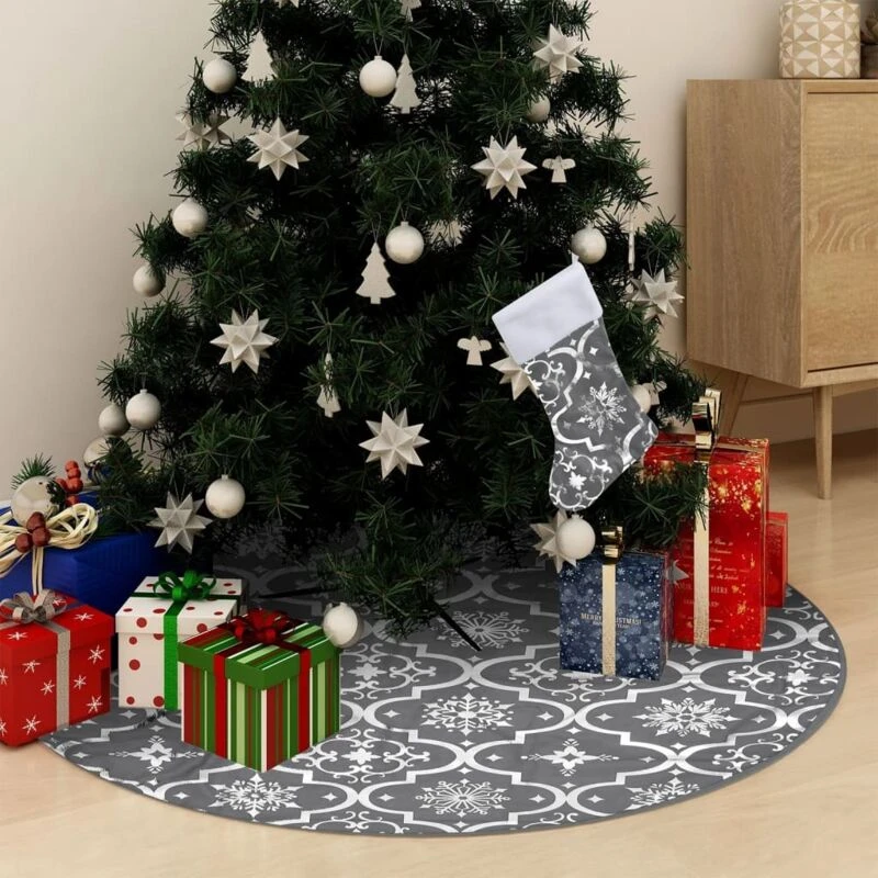 Image of VIDAXL Vidaxl - Luxury Christmas Tree Skirt with Sock Grey 90cm Fabric 8720286445907