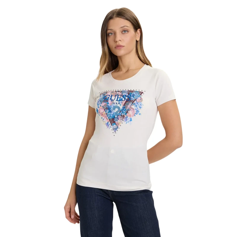 Image of Guess Womens T-Shirt Guess Peony Triangle Beige Female S