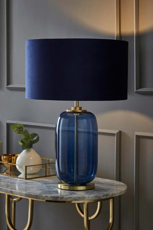 Image of ValueLights ValueLights Leigh Velvet Drum Shade with Navy Blue Glass and Gold Trim Table Lamp Navy One Size Unisex 5059406044243