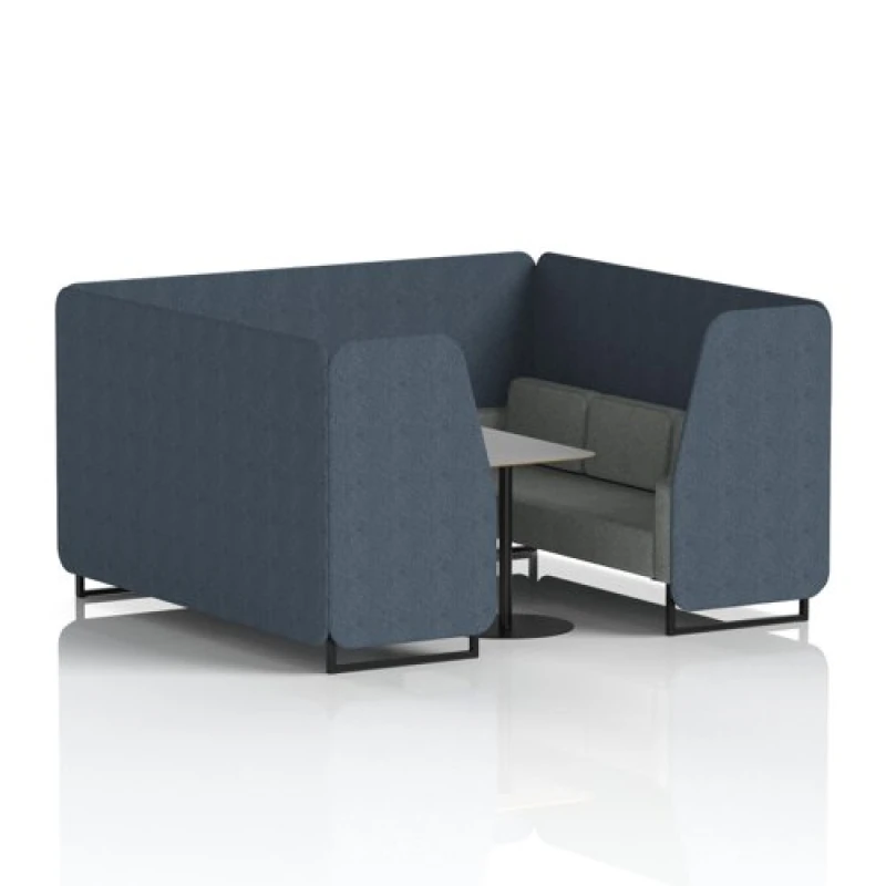 Image of Brixworth 6 Seater Office Booth with Front Panel - Black Legs and Grey Table with Black Leg in Rivet Fabric - Crucible Panels and Prime Sofa