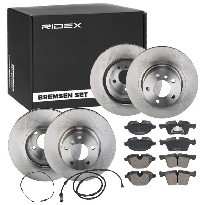 Image of RIDEX 3405B1746 Brake disc and pads set Rear Axle, Brake Disc Type: internally vented, prepared for wear warning indicator, with piston clip Brake Se