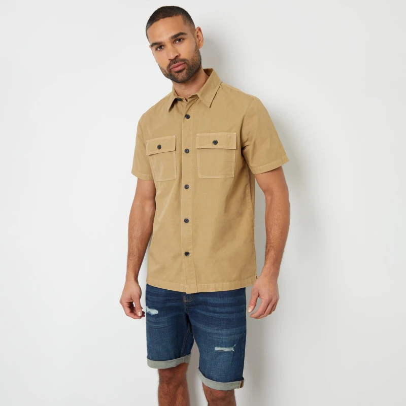 Image of Threadbare 'Tire' Utility Short Sleeve Cotton Shirt Stone