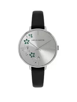 image of Amelia Austin Floral Ladies Black Leather Strap Green Stone Set Etched Dial Watch