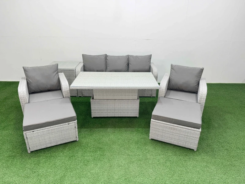 Image of Fimous PE Rattan Garden Furniture Set Reclining Chair Sofa Lounge Sofa Set Adjustable Lifting Dining or Coffee Table Side Table 2 Big Footstool Light