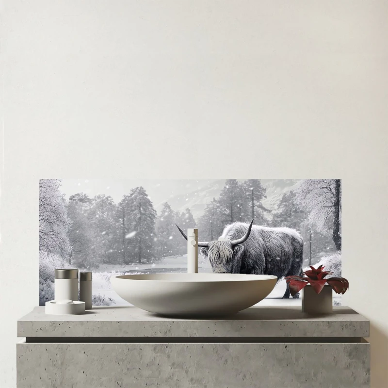 Image of Warren Reed - Designer Snow Storm Highland Cow Glass Bathroom Splashback in White White Unisex