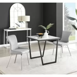 Image of Furniturebox UK - Furniturebox Carson White Marble Effect Square Dining Table & 2 Light Grey Nora Silver Leg Velvet Chairs