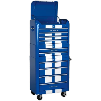 Image of Retro Style Topchest, Mid-Box & Rollcab Combination 10 Drawer Blue/White Stripes
