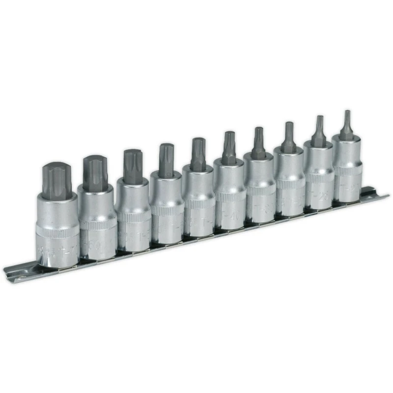 Image of Loops 10 PACK TRX Star Socket Bit Set - 1/2" Square Drive - T20 to T70 TORX Knurled Multi