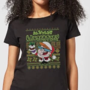 Image of Dexter's Lab Pattern Womens Christmas T-Shirt - Black