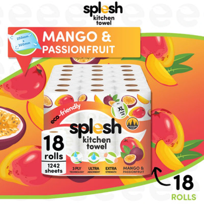 Image of Splesh Mango & Passionfruit Kitchen Towel 3 Ply Xl Roll, 18 Rolls, White R247115
