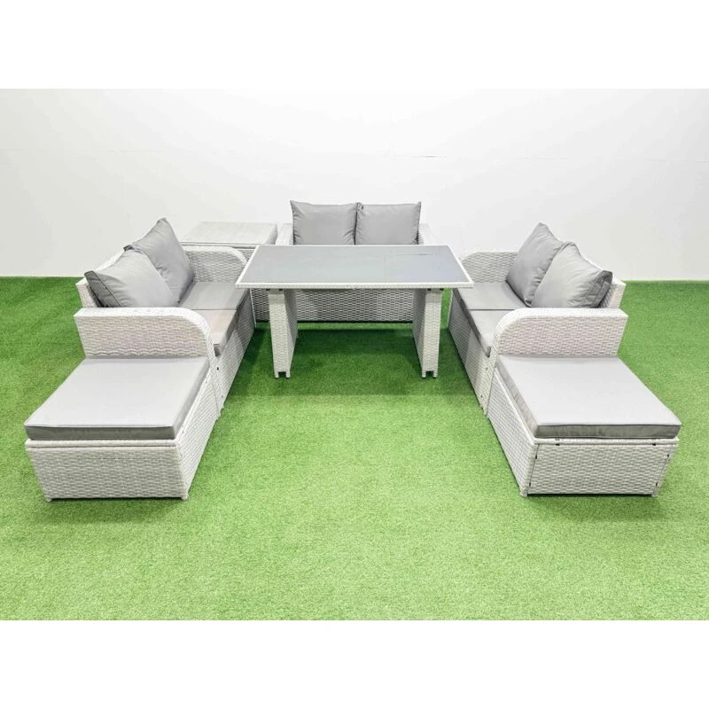 Image of Fimous 8 Seater Patio Garden Furniture Sets with Side Table 2 Big Stool Light Grey Light Grey Unisex