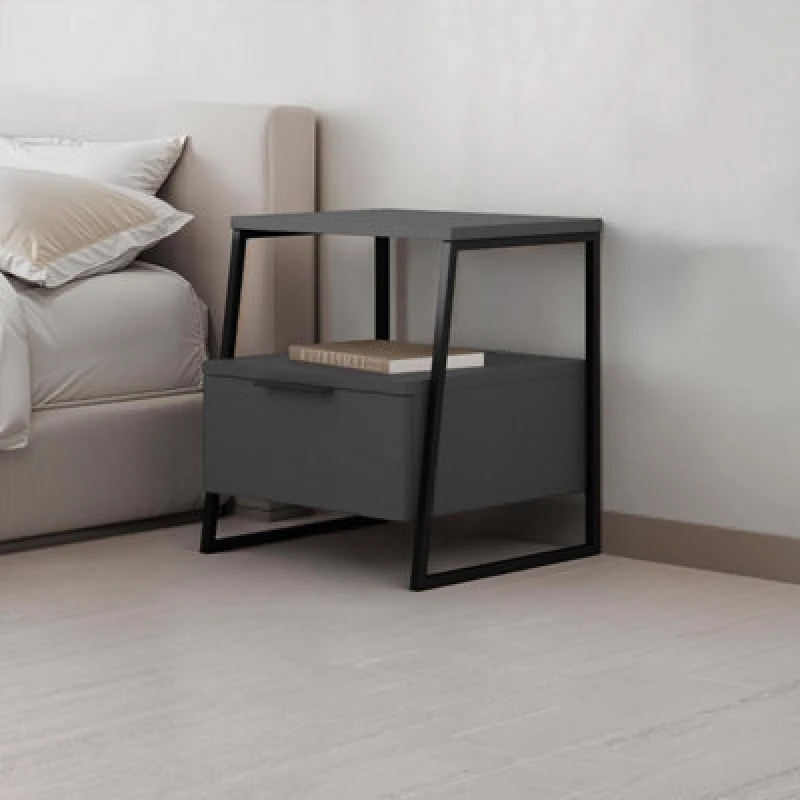 Image of FWStyle FWStyle Dark Grey 1 Drawer Bedside Table Nightstand Black Metal Grey One Size Unisex 5056413133205