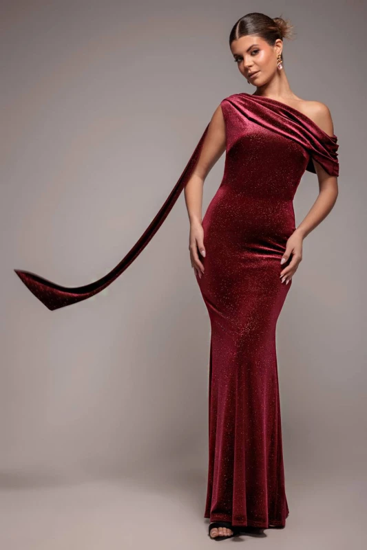 Image of Goddiva Womens Glitter Velvet Sash One Shoulder Bardot Maxi Dress in Wine Size: 8 Wine Female 8