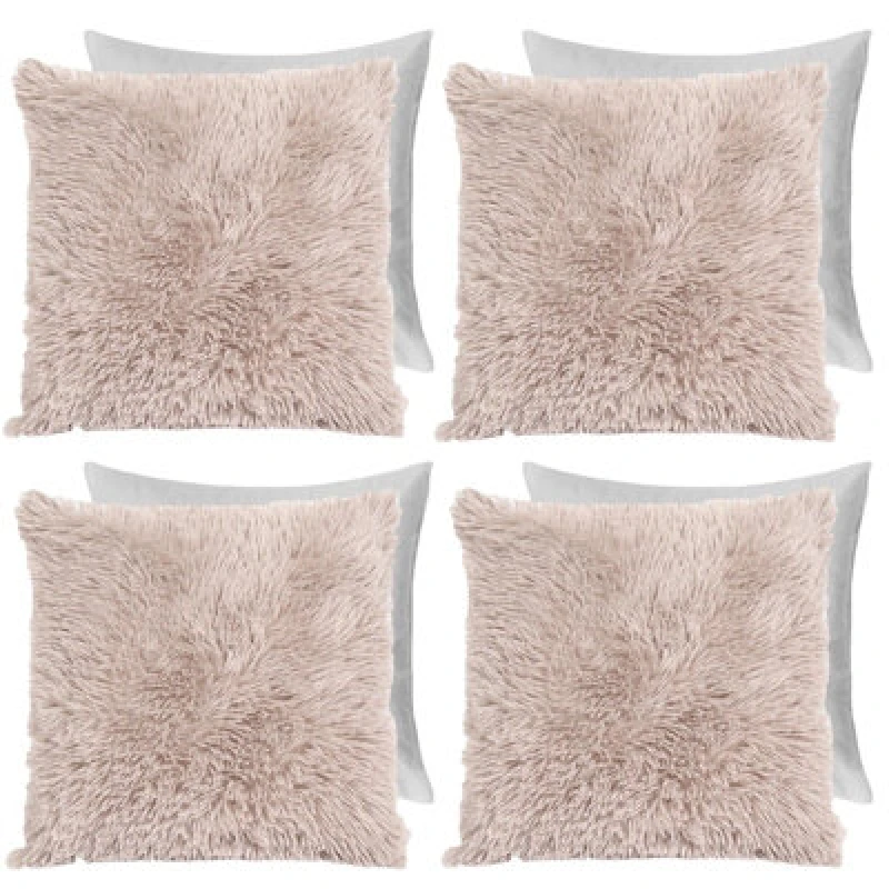 Image of OHS OHS Set of 4 Soft Fluffy Shaggy Square Filled Cushion Covers in Natural Size: 45cm x 45cm Natural 45cm x 45cm Unisex 5027434214822