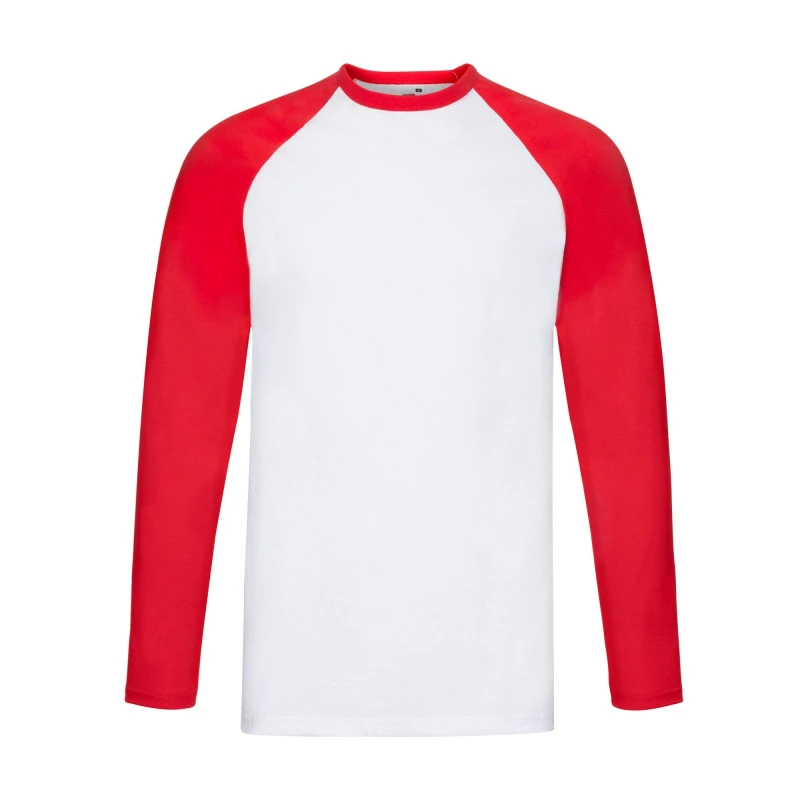 Image of Fruit Of The Loom Fruit of the Loom Men Contrast Long-Sleeved Baseball T-Shirt in Red Size: Small Red S Male 5063425956456