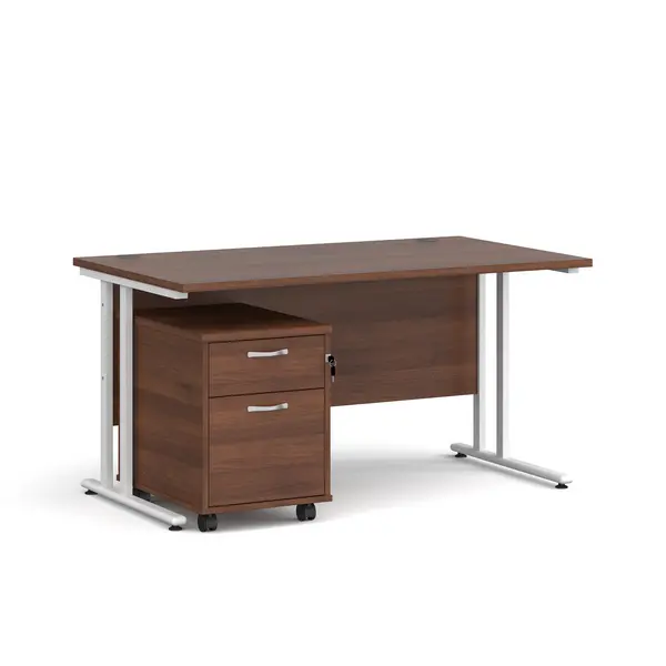 image of Maestro 25 Straight Desk with White Cantilever Frame and 2 Drawer Pedestal - Walnut - 1400mm x 800mm