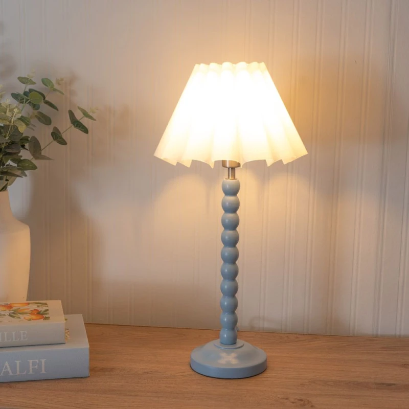 Image of ValueLights Bobbins Powder Blue Table Lamp with Scallop Tapered Lamp Shade and LED Bulb White