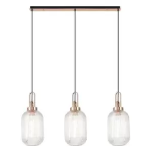 Image of Luminosa Linear 3 Light Pendant E27 With 20cm Tubular Ribbed Glass, Clear Copper, Matt Black