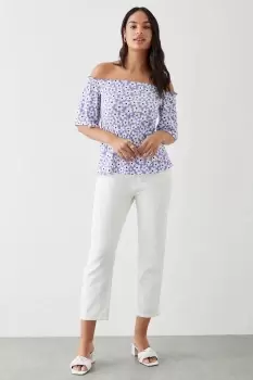 Image of Floral Print Shirred Waist Bardot Top