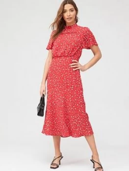 Image of Oasis Ditsy Heart High Neck Midi Dress - Red , Multi Red, Size 12, Women
