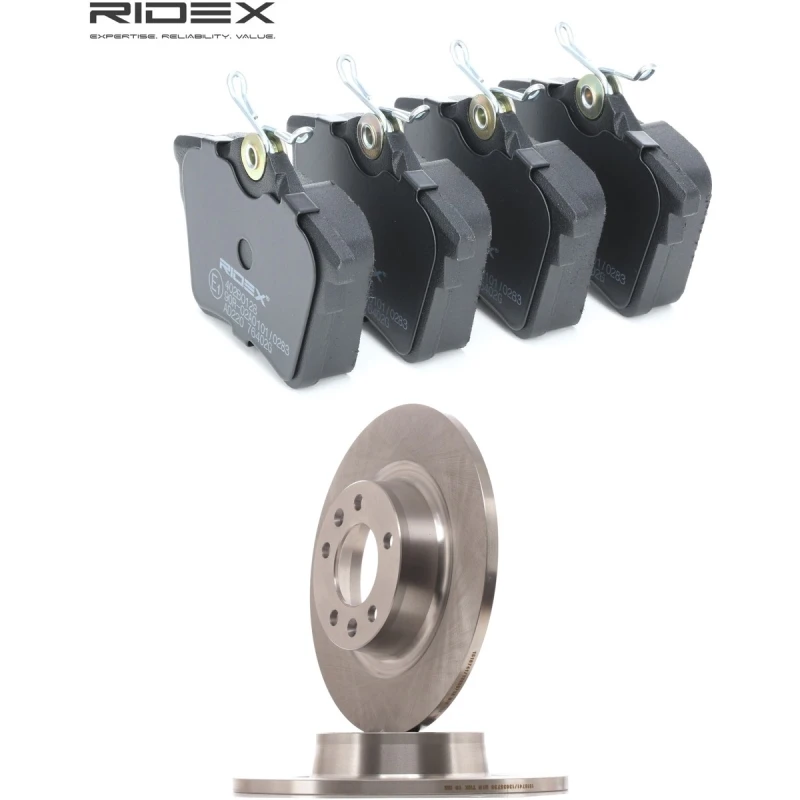 Image of RIDEX 3405B3370 Brake disc and pads set Rear Axle, Brake Disc Type: Solid, excl. wear warning contact Brake Set,disc brakes (3405)