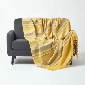 Image of Cotton Morocco Striped Yellow Throw, 225 x 255cm - Yellow - Homescapes