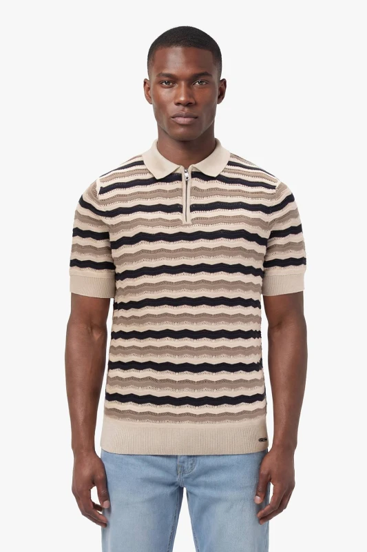 Image of Luke 1977 Mens Maughold Zig Zag Knit Polo in Light Brown Size: Medium Light Brown Male M