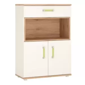 image of 4Kids 2 Door 1 Drawer Cupboard With Open Shelf In Light Oak And White High Gloss (Lemon Handles)