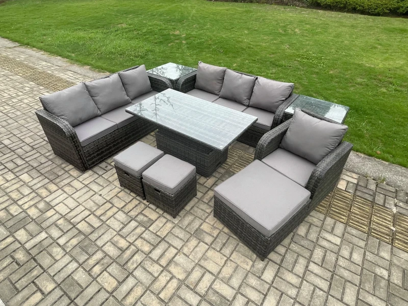 Image of Fimous PE Rattan Outdoor Garden Furniture Sets Height Adjustable Rising lifting Dining Table Sofa Set with 2 Side Tables Reclining Chair Dark Grey