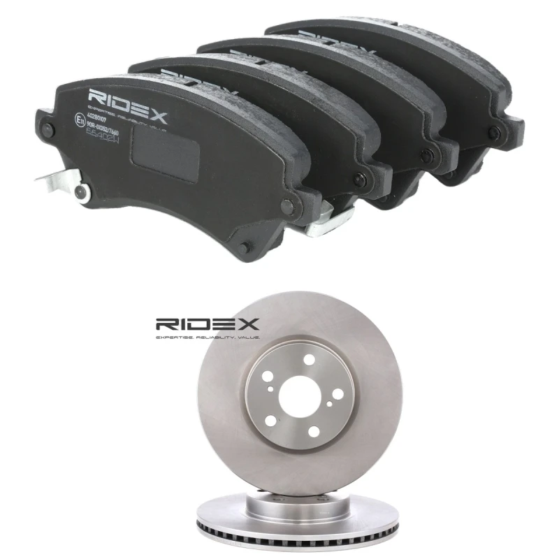 Image of RIDEX 3405B2961 Brake disc and pads set Front Axle, Brake Disc Type: internally vented, incl. wear warning contact Brake Set,disc brakes (3405)