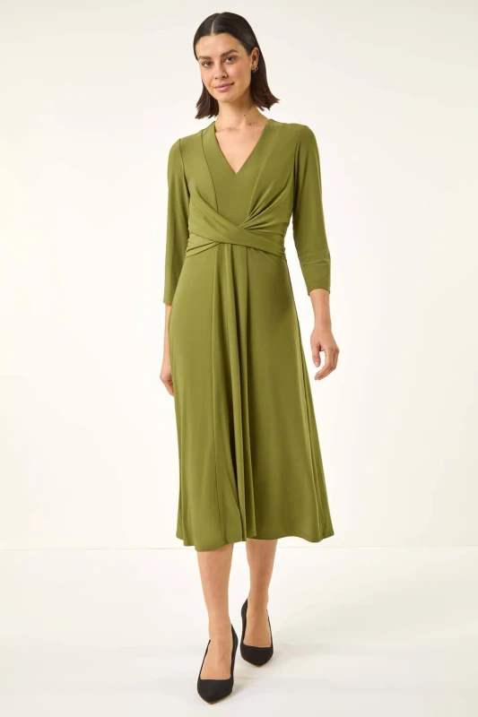 Image of Roman Womens Stretch Crossover Midi Dress in Khaki Size: 10 Khaki Female 10