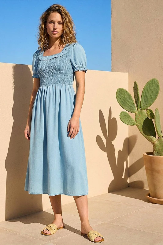 Image of Roman Womens Shirred Frill Midi Dress in Mid Blue Size: 14 Mid Blue Female 14