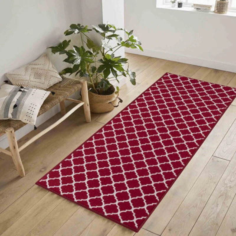 Image of Machine Washable Trellis Design Anti Slip Doormats Red 67X220 Cm