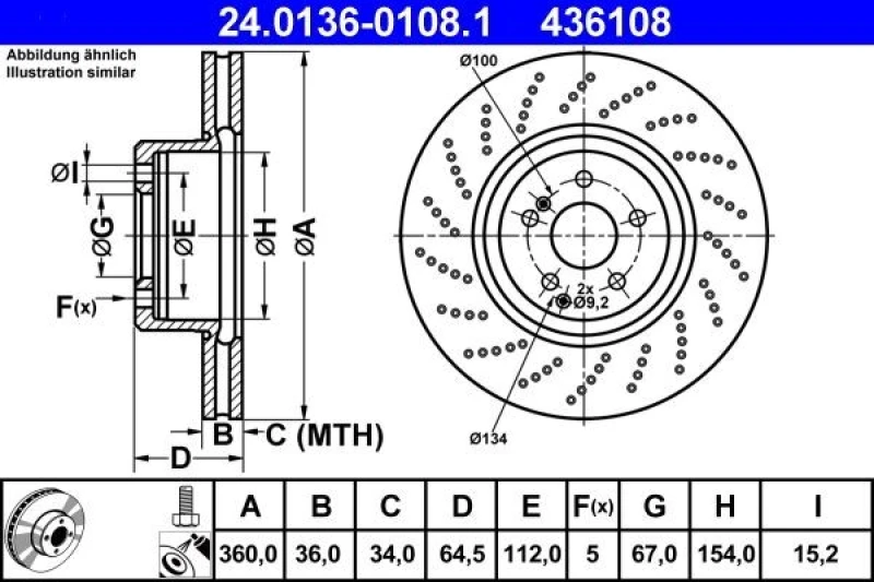Image of ATE 24.0136-0108.1 Brake disc perforated/vented, Coated, Alloyed/High-carbon, with bolts/screws Brake Disc (82)