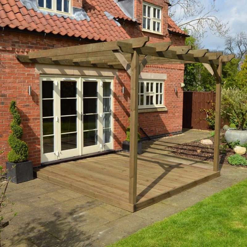 Image of Rutland County Garden Furniture Ltd Wall Mounted Pergola & Decking Kit, L240 x W240 cm, Rustic Brown Brown Unisex